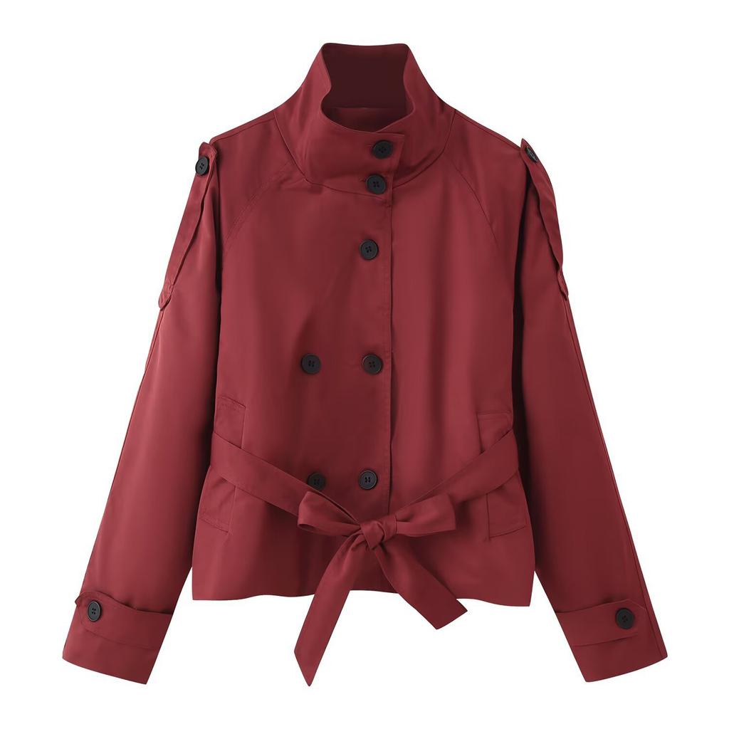 Женский укороченный тренч двубортный короткий жакет с высоким воротником осенне-зимнее пальто модный наряд с поясом