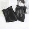 New Women's Sheepskin Half Finger Gloves Leather Fashion Lace Style Warm Velvet Cool Silk Black Riding Driving Gloves