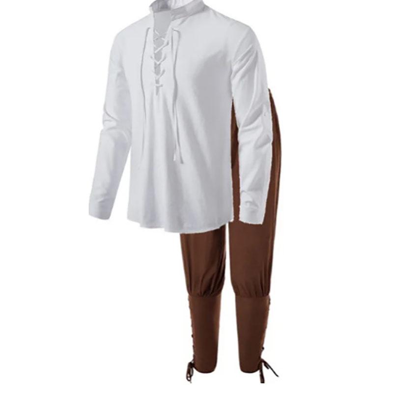 Мужской костюм средневекового рыцаря, пиратские рубашки для косплея эпохи Возрождения, брюки с окантовкой на щиколотку для Хэллоуина, одежда из хлопчатобумажной льняной ткани