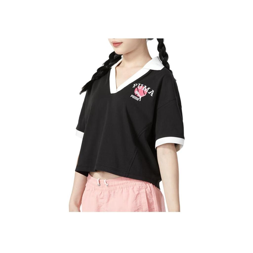 Puma Letter Print Breathable Short Sleeve Polo Shirt Women tops Black 622971-01