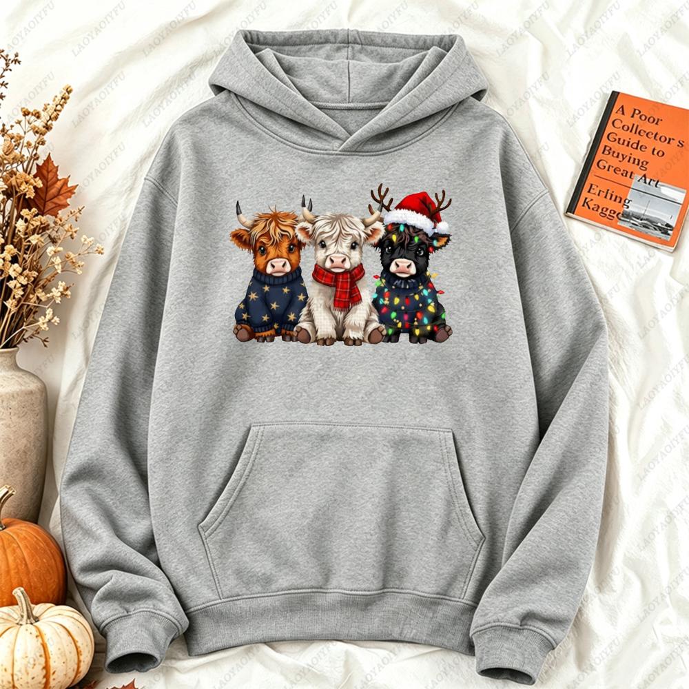 Cute Highland Cow Christmas Women Hoodie Winter Animal Sweatshirt Holiday Farm Pullover Funny Xmas Gift for Her Women Clothing