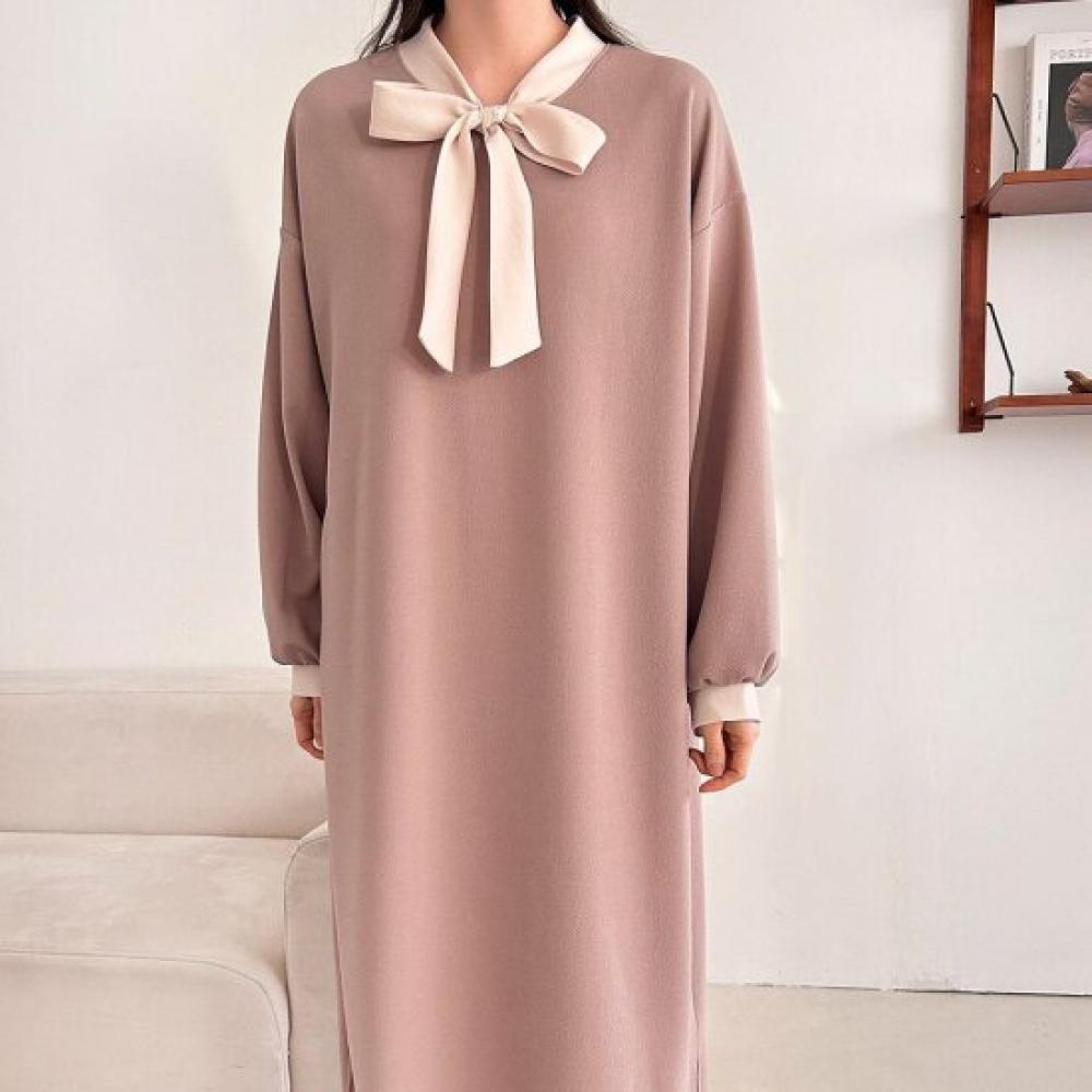 New Arrivals Open Run Two Tone Loose Fit Ribbon Tie Long Sleeve Dress