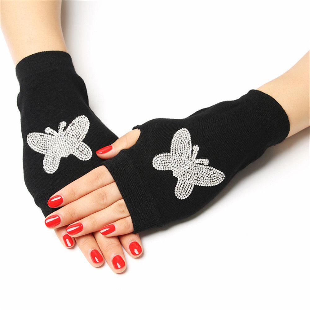 Rhinestone Knitted Black Half Finger Computer Mittens Fingerless Gloves Warm Gloves