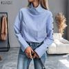 Women Casual High Neck Loose Long Sleeve Stripe Blouse