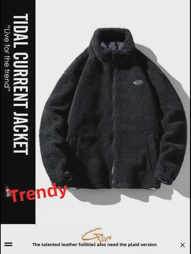 Мужская куртка из гранулированного флиса с воротником-стойкой: Осенне-зимнее модное пальто из овечьей шерсти, плотная повседневная мода.