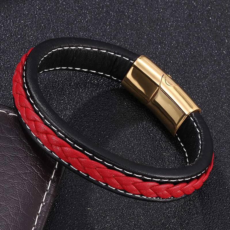 Fashion Red Braid Leather Charm Men Women Bracelet Buckle Clasps Punk Bracelets Bangles Men Jewelry