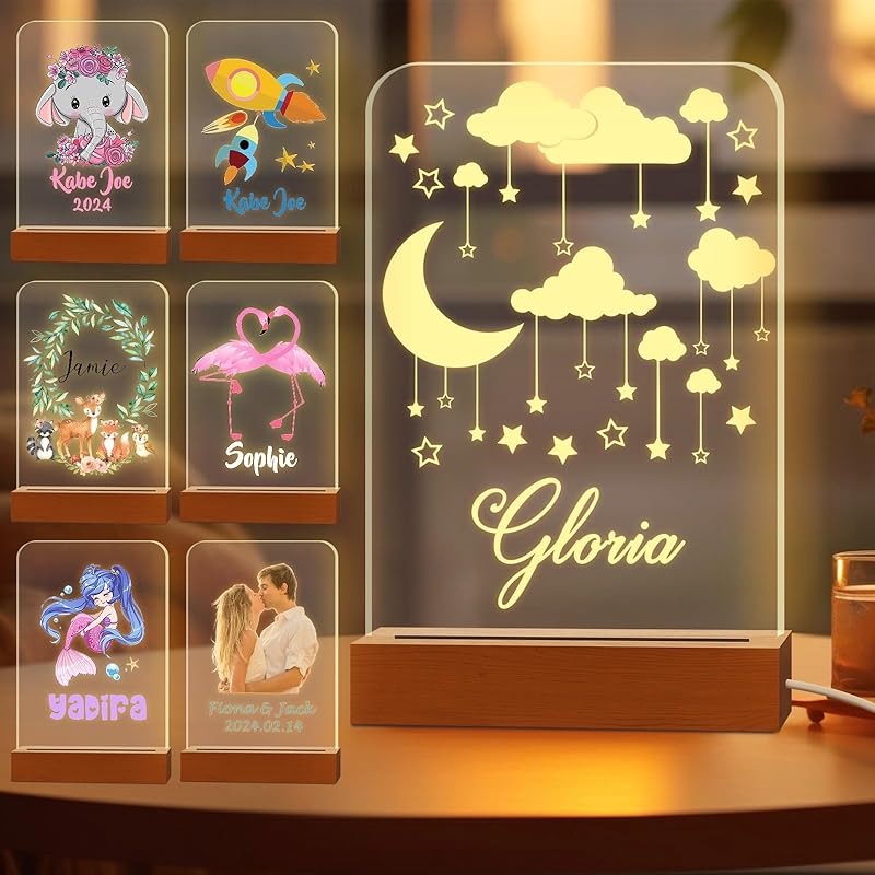 Персонализированный ночник для детей, выгравированное имя, акриловые светодиодные лампы с деревянной основой для детской спальни, декоративный ночник, индивидуальный день рождения
