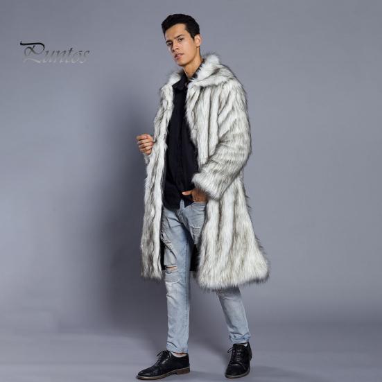 Мужское длинное пальто из искусственного меха с отворотом и длинным рукавом, ветрозащитное пальто с открытым передом, утолщенное теплое пальто из искусственного меха