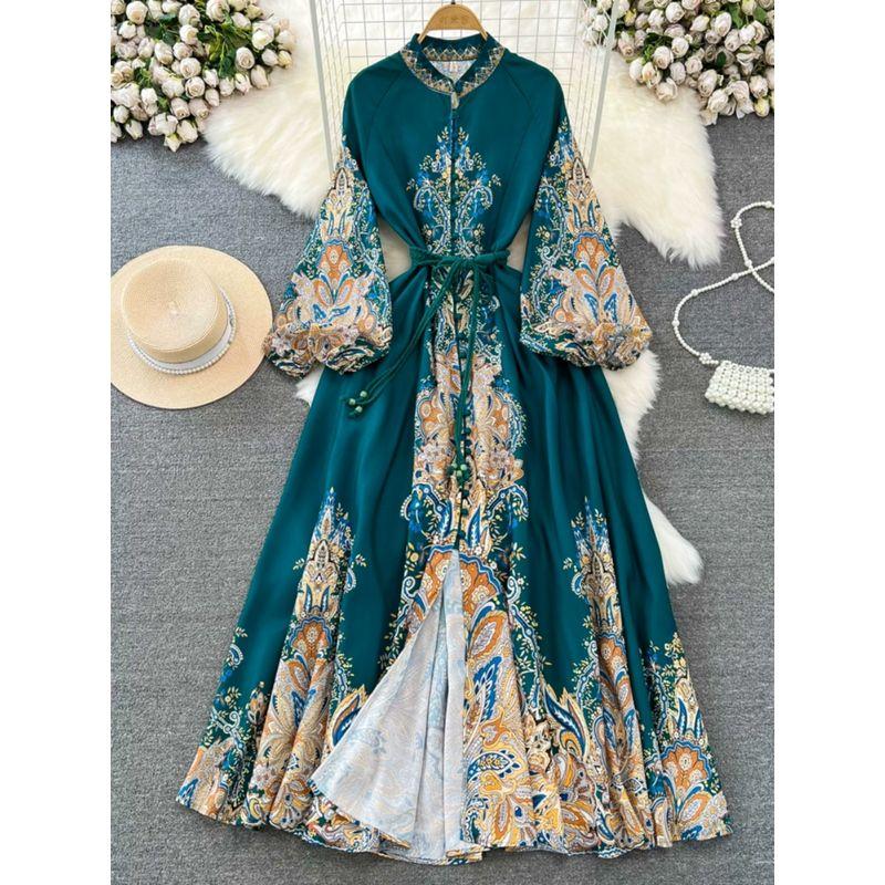 Retro Lantern Long Sleeve Stand Collar Elegance Print Dress