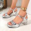 Fashion Summer French Rhinestone Heels New Square Toe Open Toe Platform Metal Buckle One Strap Block Heel Simple Sandals