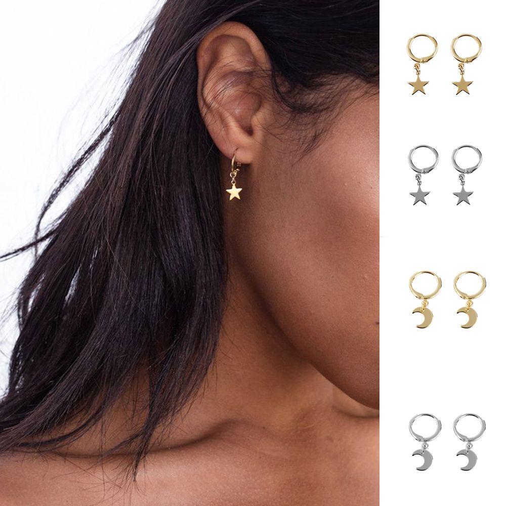 Gold Silver Color Tiny Moon Crescen Huggie Hoop Earring Ear-cuffs Ear Piercing Small Star Charms