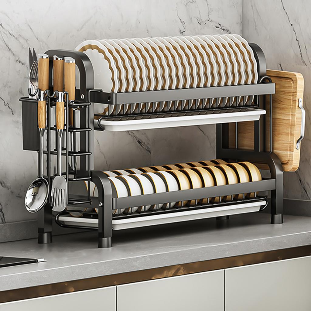 Large Dish Drying Rack for Kitchen 2-Tier Rust-Resistant Dish Rack with Utensil Holder&Cutting Board Holder Dish Drainer Black