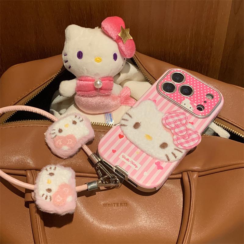 Модный розовый полосатый милый чехол для телефона Hello Kitty для iPhone 17 Pro 16 15 14 Pro Max Чехол с ремешком для руки Ударопрочный Защитный Ca