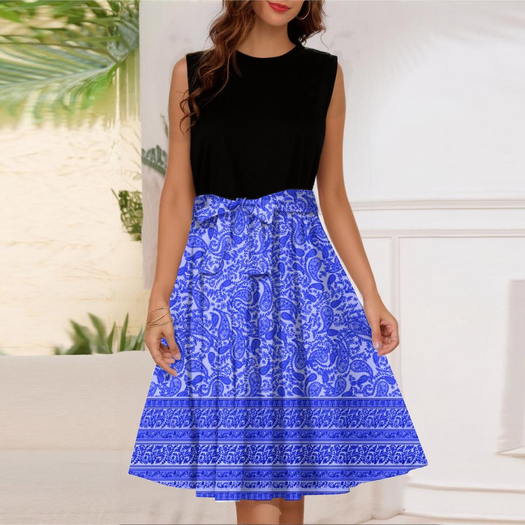 Женское модное повседневное короткое платье без рукавов со шнуровкой и круглым вырезом