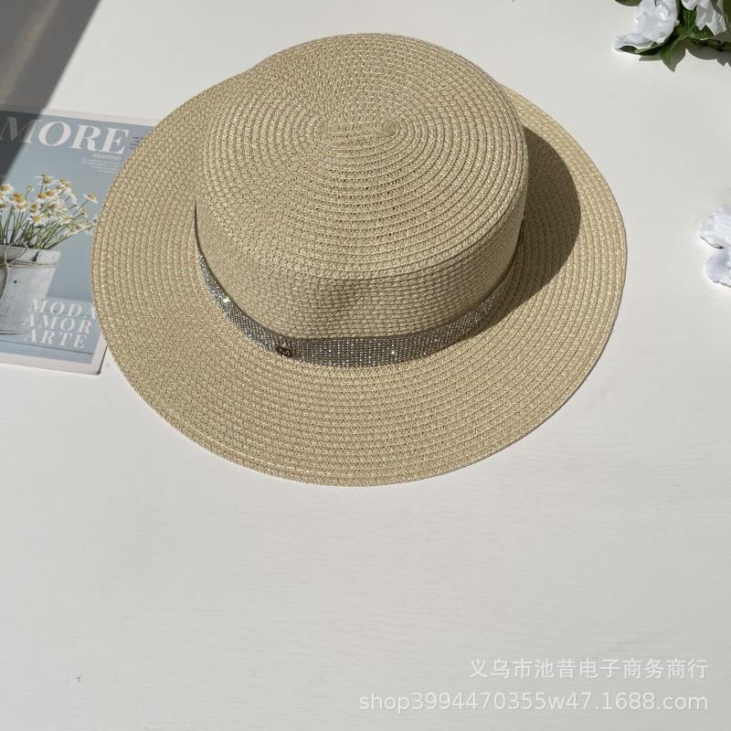 Rhinestone flat top straw hat m standard hat women's beach travel hat fashion wide brim versatile sun protection flat brim straw hat