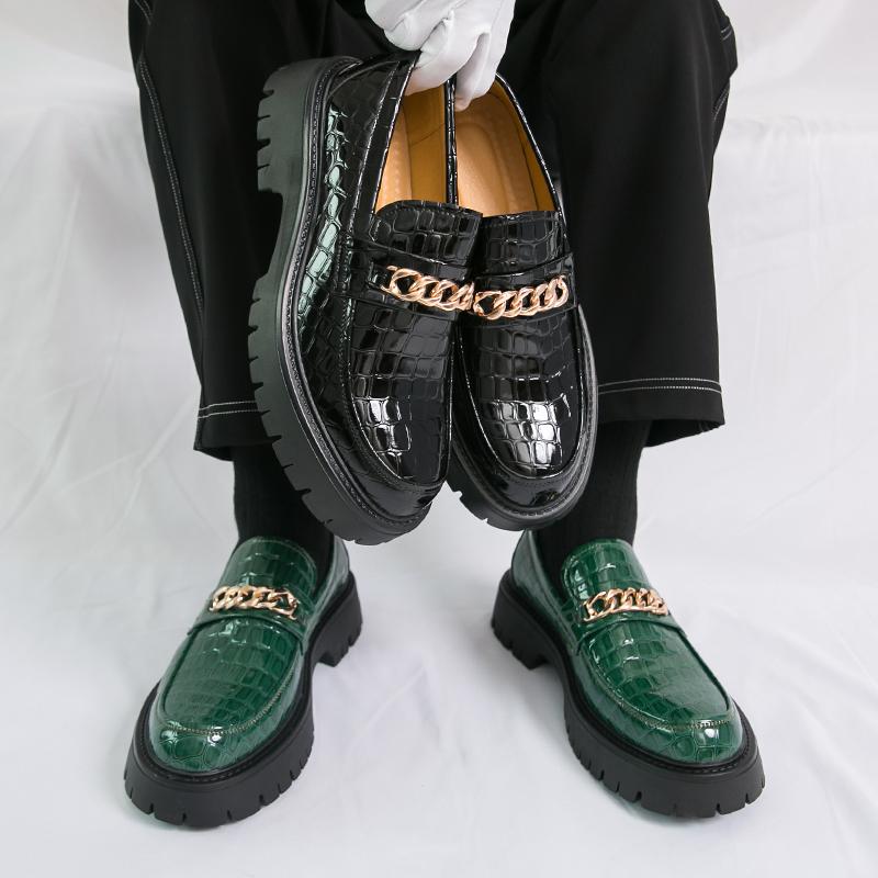 Мужские лоферы в корейском стиле на толстой подошве из крокодиловой кожи, повседневные, слипоны, нескользящие, с металлической пряжкой для декора, модного бренда