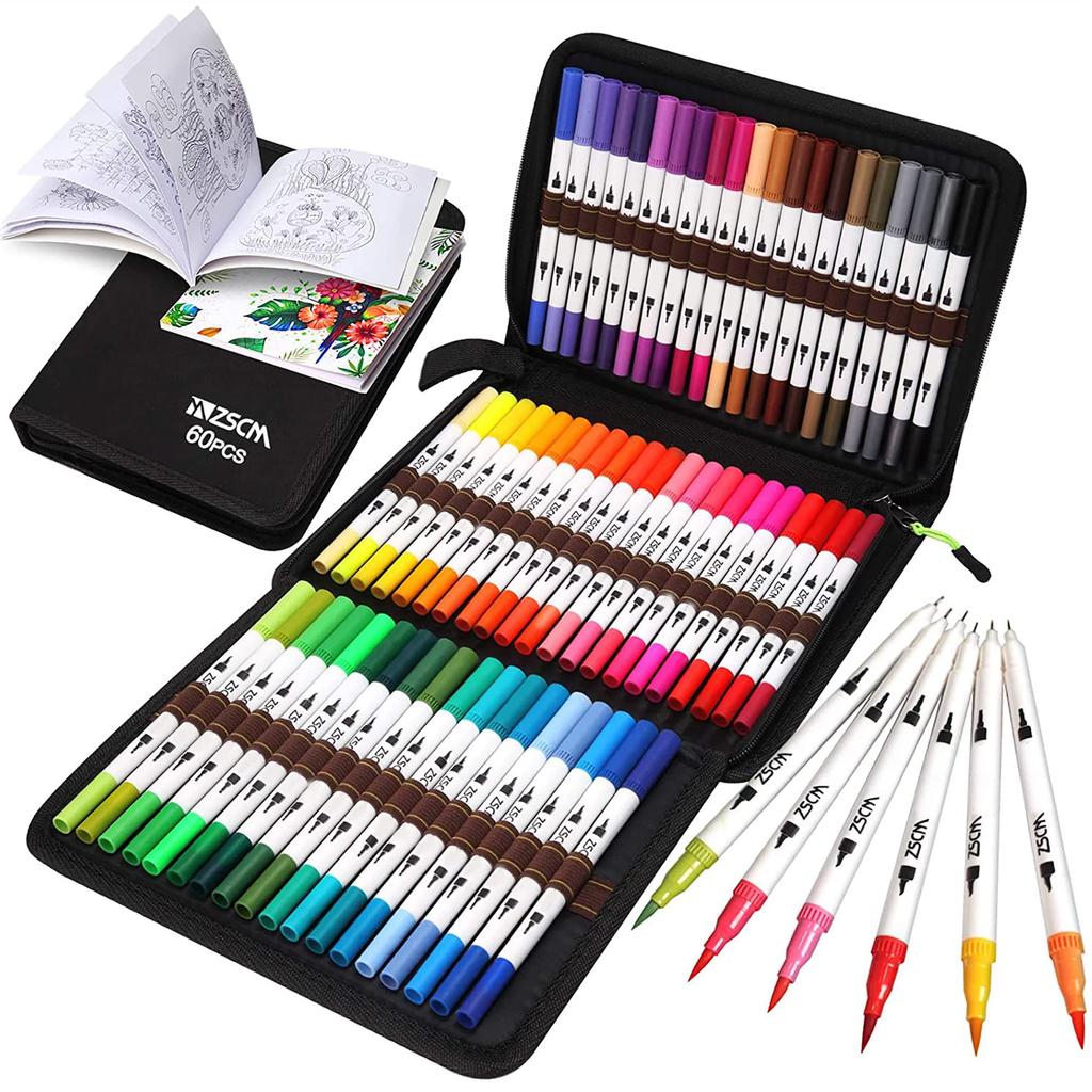 M ZSCM Color Pen 60 Color Set Watercolor Paint Brush Artist Painting Brush Fine Point Dual Tip Art Marker Pen Set Paintbrush Coloring Book Office