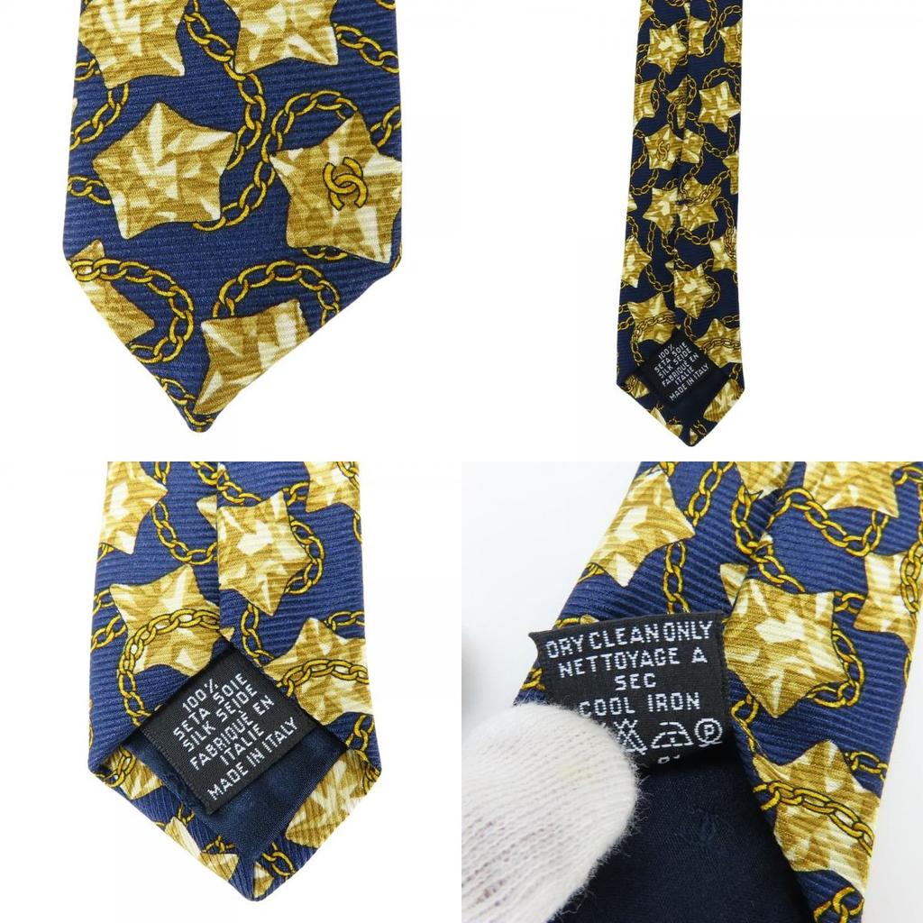 Used CHANEL tie COCO Mark Star Chain silk Navy gold suit