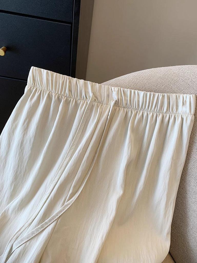 Textured Pleated Tencel Cotton Women's Cropped Wide-Leg Pants - Spring/Summer, Loose Draping Eight-Point Straight-Leg Casual Pants