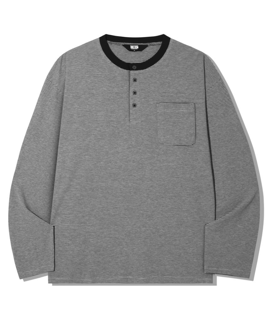 TRILLION Thin Stripe Pocket Henley Neck Long Sleeve_4Color