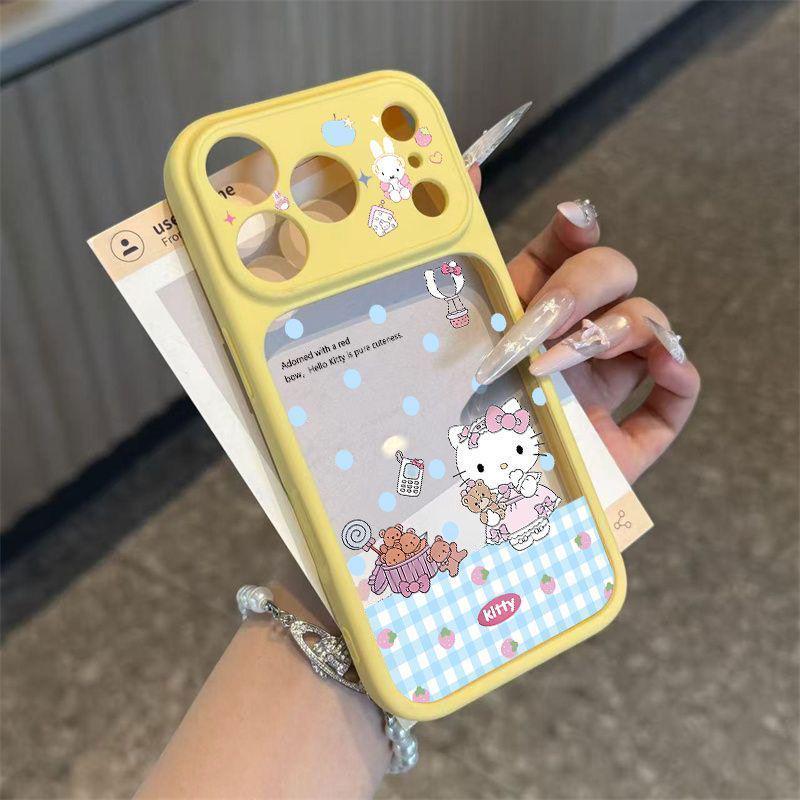 Клетчатый чехол для телефона Hello Kitty с яблоком для iPhone 17 Pro Max: Двухсторонний мультяшный дизайн для моделей 14-16, 13 Pro