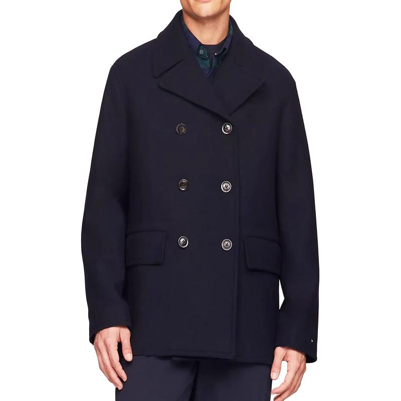 Tommy Hilfiger Solid Double-Breasted Lapel Mid-Length Coat Men coats Navy-Blue 78JA112-410