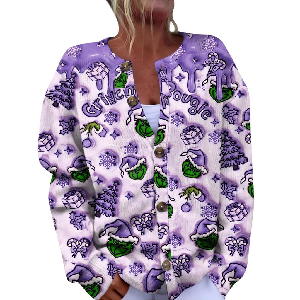 Women's Fashion Christmas Printed Long Sleeve Knitted Cardigan Button Down Jacket