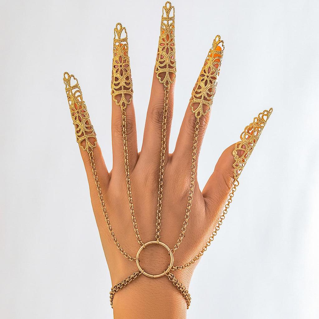 European & American Gothic Halloween Ghost Finger Bracelet with Punk Cone Nail Chain Ring