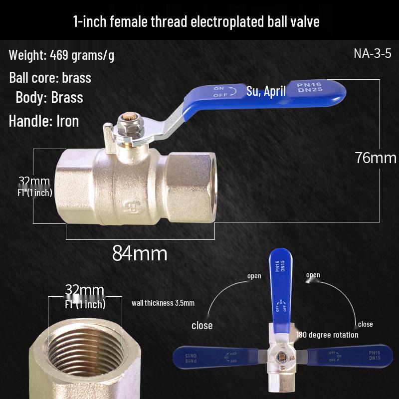 Large Flow 2-Piece Brass Ball Valve with Male/Female Threads for Water Pipes, Available in 1", 1.2", 1.5", and 2" Sizes