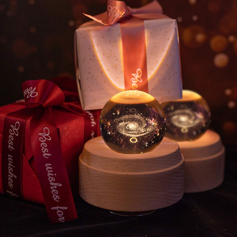 Mozalida Music Snow Moon Crystal Ambient Bedside LED USB Projection Stylish Wooden Home Wedding Graduation Soothing Projection Kimi Wo Nosete Box,