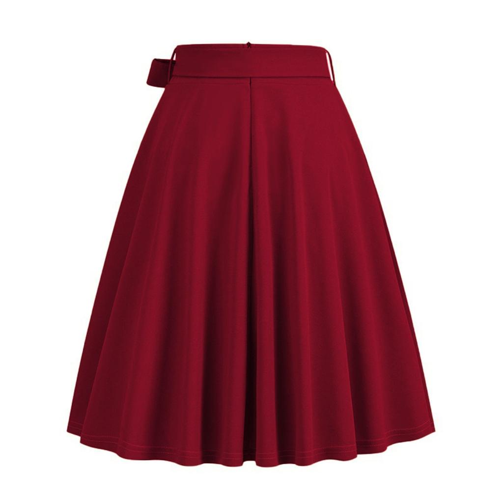 Women's Fashionable All-match Solid Color Skirt With Natural Color Belt Waist And Wide Swing Skirt