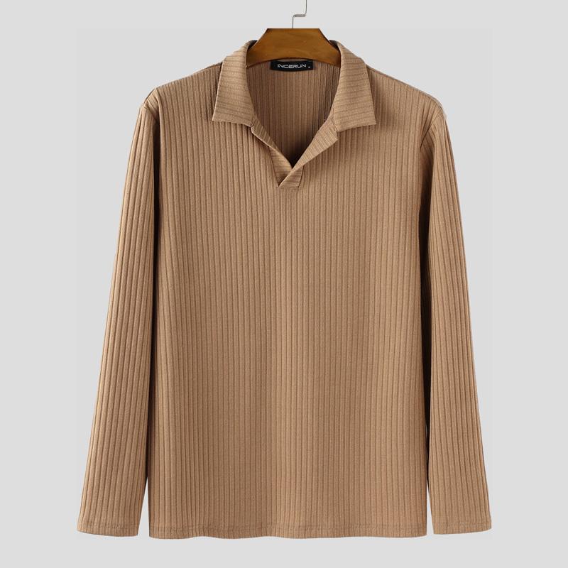 INCERUN Осень Зима Мужские Пуловеры Топы с Лацканами, Длинным Рукавом, Повседневной Текстурой в Рубчик