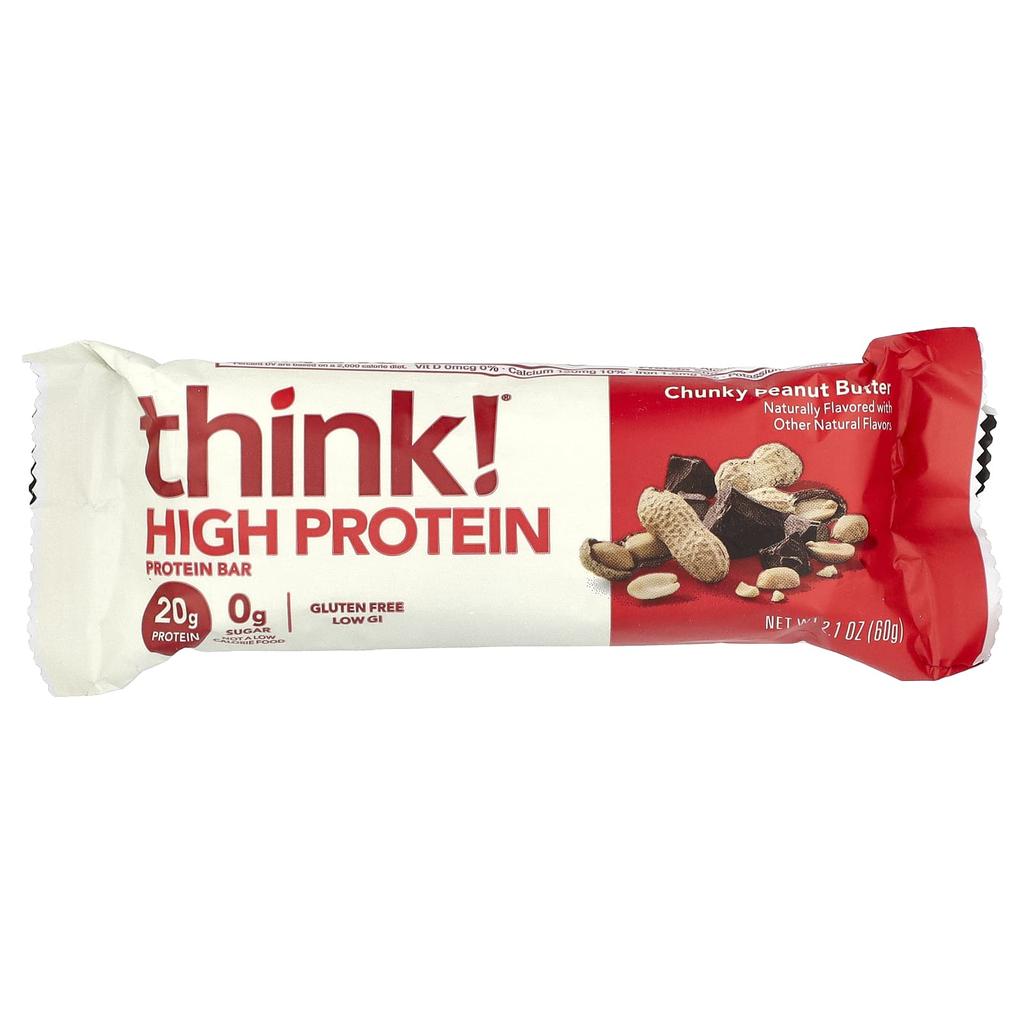 Think!, High Protein Bars, Chunky Peanut Butter, 5 Protein Bars, 60G (2.1Oz) Each