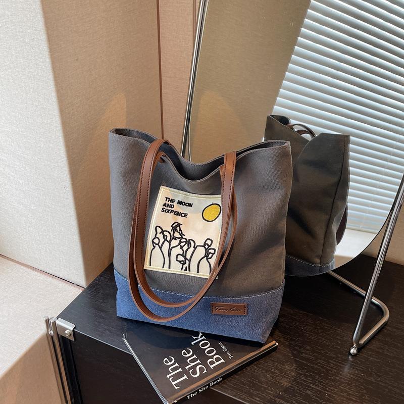 Холщовая сумка большой вместимости, женская летняя новая повседневная сумка на плечо контрастного цвета, сумка-тоут для занятий для студенток колледжа