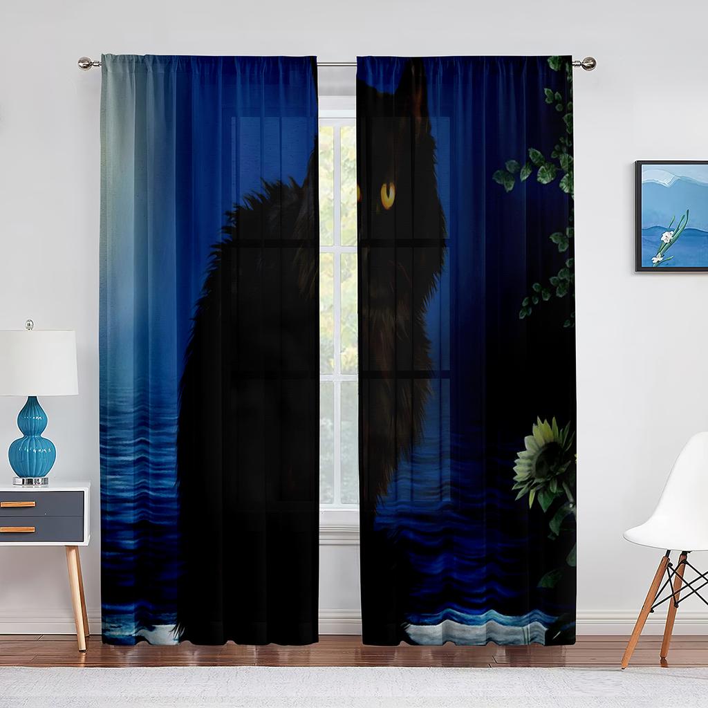 Черная кошка, большие глаза, животные, серые тюлевые шторы для гостиной, украшения спальни, прозрачная шифоновая прозрачная вуаль, оконная занавеска