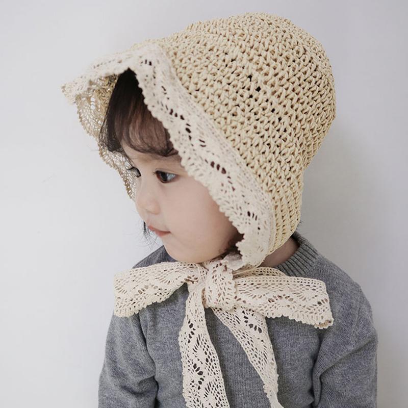 Fashion Lace Baby Hat Summer Lace Up Straw Hats For Kids Girls Panama Fisherman Beach Sunshade Cap