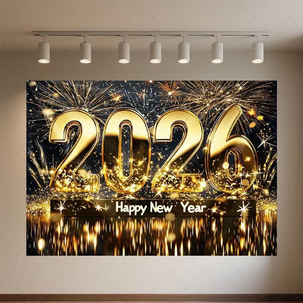 Black Gold New Year Background Banner Glitter 2026 Happy New Year Backdrop Supplies Balloons New Year Party Decoration Gifts