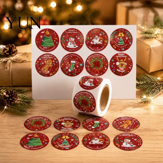 Decorative Adhesive Labels Christmas Roll Stickers, 8 Festive Patterns Print, Round Holiday Envelope Seals Seals, Coated Paper Stickers for