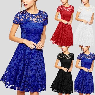 Женское летнее повседневное однотонное кружевное платье с круглым вырезом и боковой молнией с короткими рукавами и трапециевидным платьем
