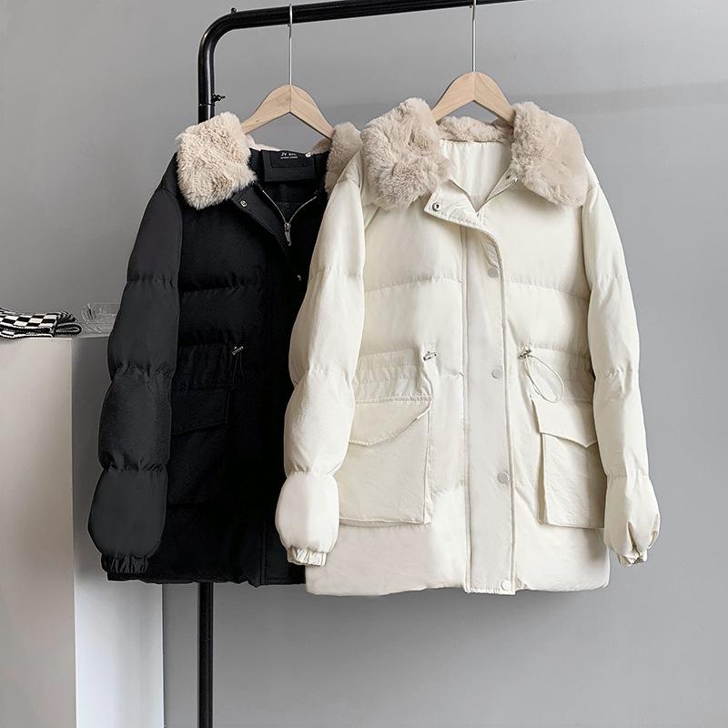 Women Autumn Winter Imitation Rabbit Hair Slim Cotton Coat Lapel Neck Solid Color Drawstring Padded Jacket