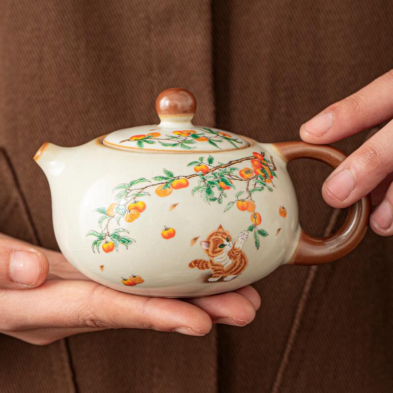 Чайник Сиши из руинной керамики Часюнь с рисунком "Кот и Хурма"