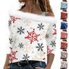 Женские топы с длинными рукавами. Модные женские свободные пуловеры с открытыми плечами с рождественским принтом.