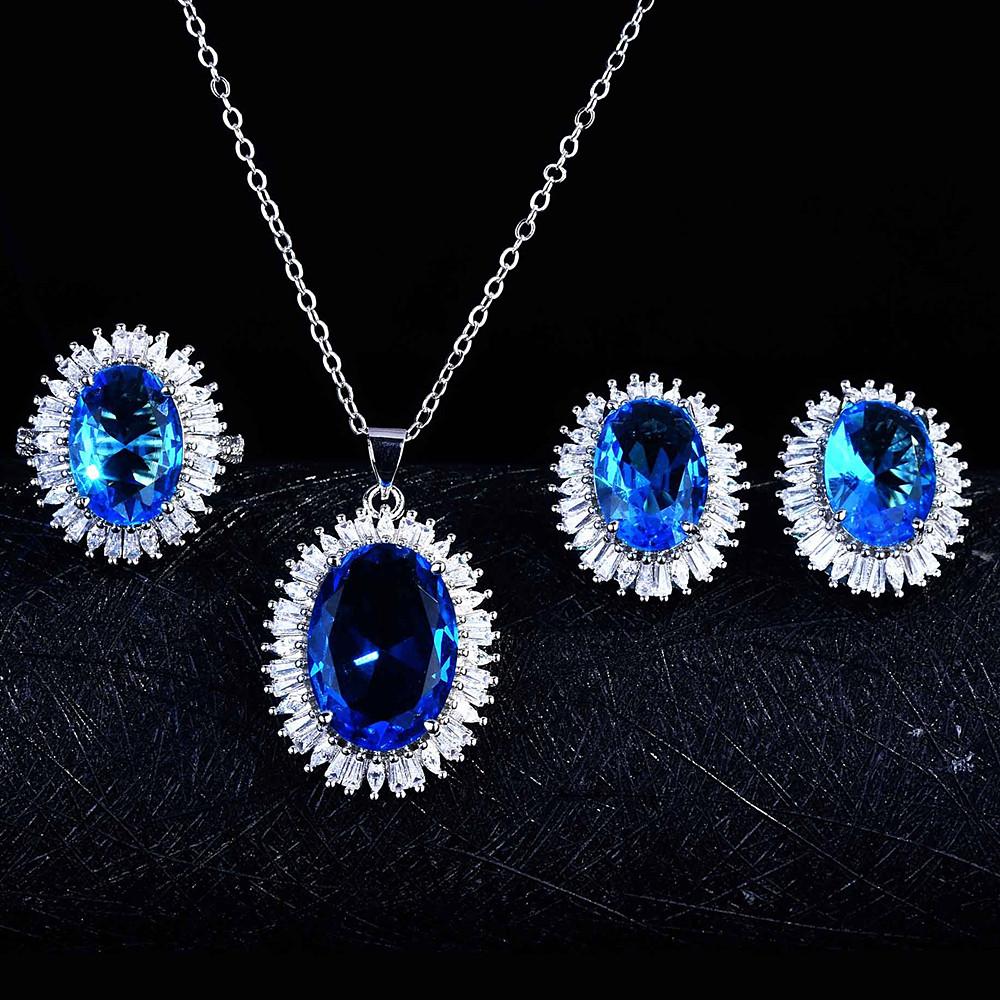Классический голубой кристалл топаз бриллианты драгоценные камни комплекты ювелирных изделий для вечеринок для женщин подвески серьги кольца свадебные аксессуары подарки