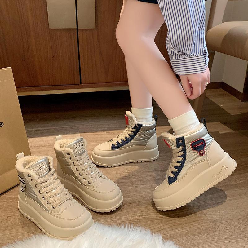 Зимние ботинки на толстой платформе для женщин, короткие ботинки с подкладкой из искусственного меха, кроссовки для ходьбы на шнуровке, женские нескользящие теплые ботильоны из искусственной кожи