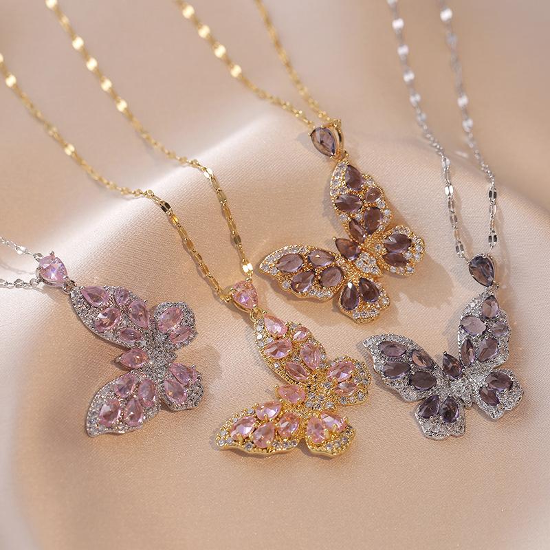 Butterfly Pendant Necklace for Women Fashion Gold Color Stainless Steel Zircon Necklaces Party Jewelry Accessories