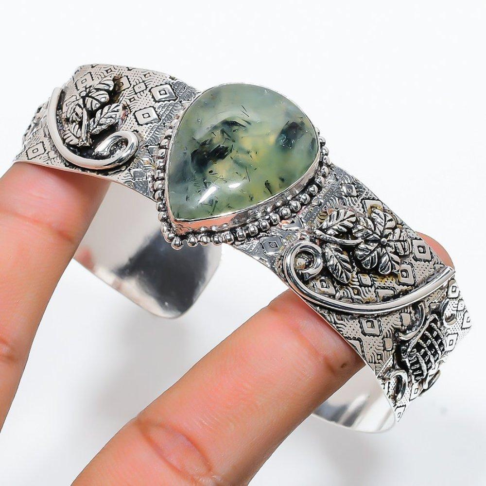 Натуральный драгоценный камень пренит, стерлинговое серебро 925 пробы, регулируемый браслет-манжета F4J37