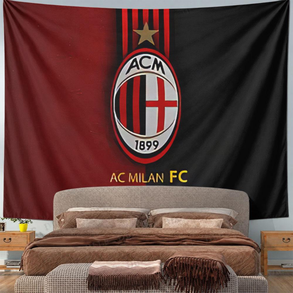 AC Milan logo on a red and black split background with gold text. Patterned tapestry for bedroom and living room home decor