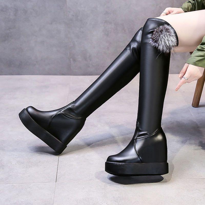 Сапоги до колена, до бедра, новинка, женские, из натуральной кожи, с мехом, длинные, для женщин, зимние, на танкетке, на массивной платформе, на каблуке, черные