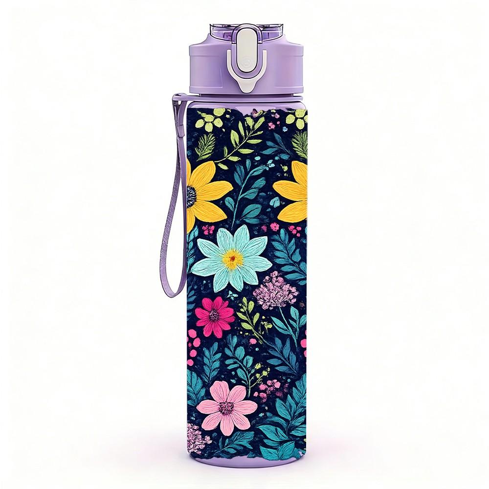 1PC Bright Multicolor Daisy Floral Print 750ml Color Plastic Sports Water Bottle Leakproof Flip Straw Lid Suitable for Sports Office Home Use