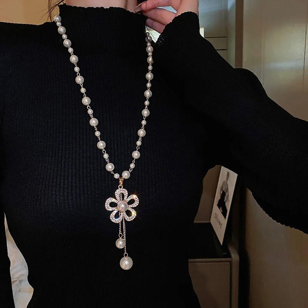 1Pcs Long Pearl Chain Elegant Temperament Sweater Chain Pearl Necklace Women's Jewelry Accessories